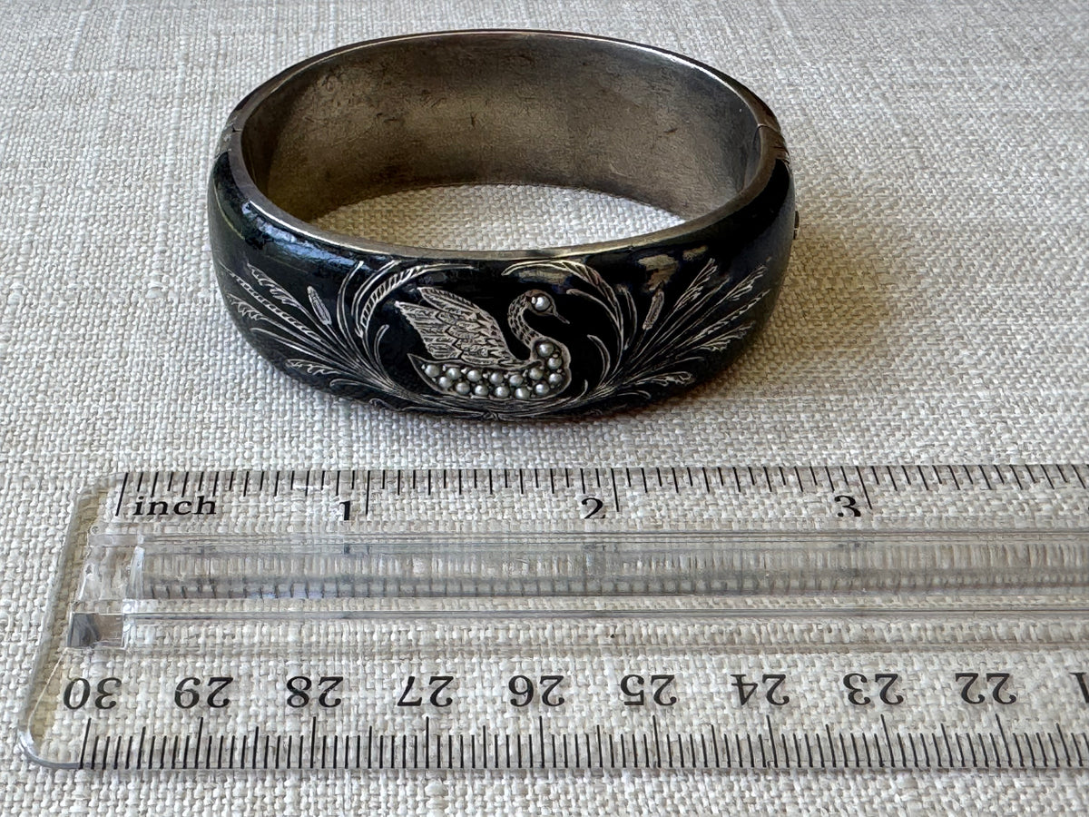 Edwardian Black Enamel and Sterling Mourning Thick Bangle Bracelet