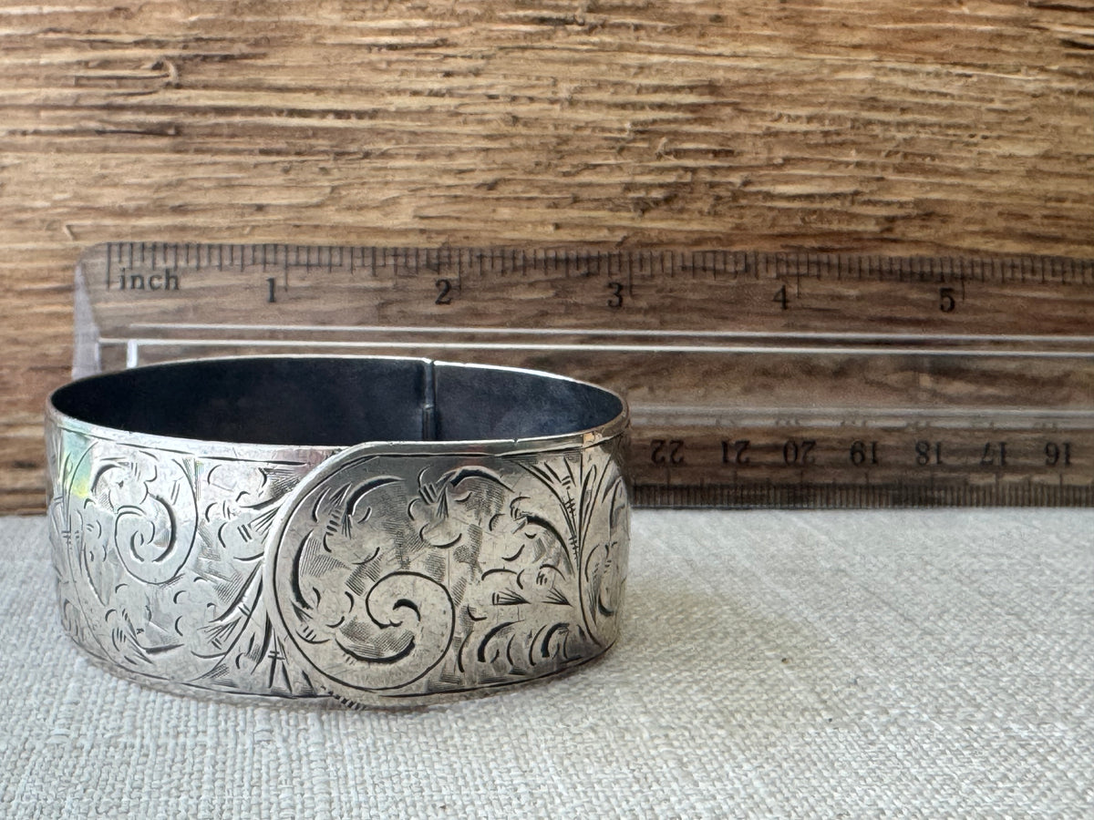 1936 Etched Sterling Silver Bangle Bracelet with Crossover Closure