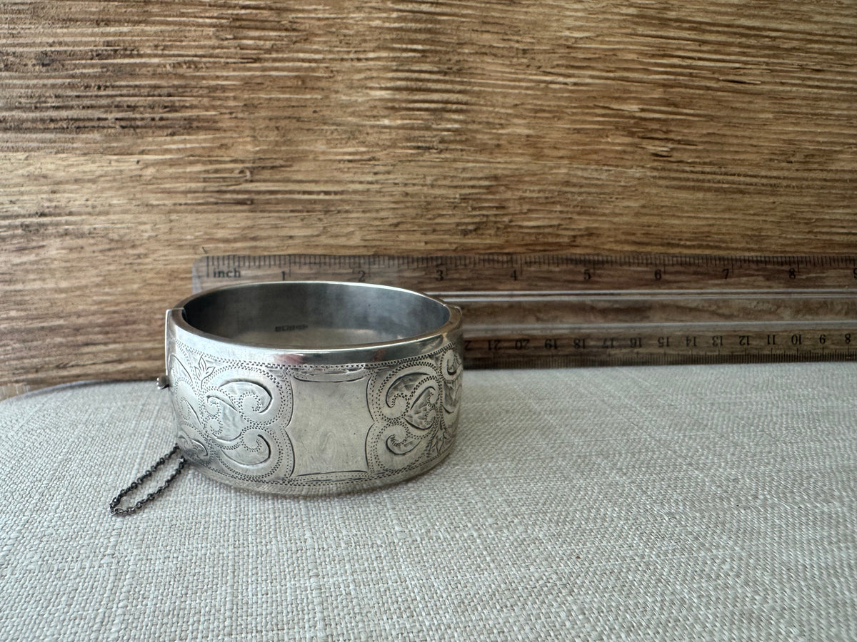 Thick Etched Sterling Silver Bangle Bracelet
