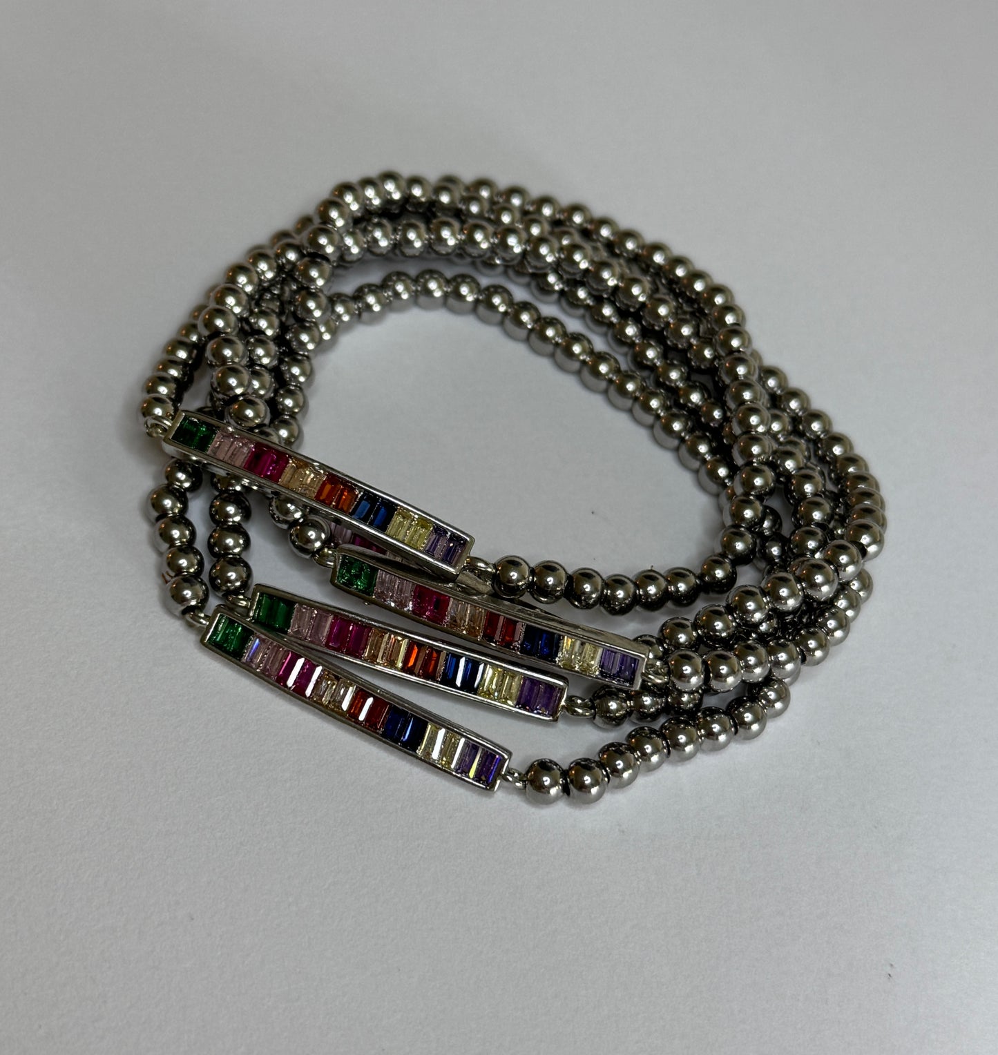Silver Beaded Rainbow Bar Bracelet