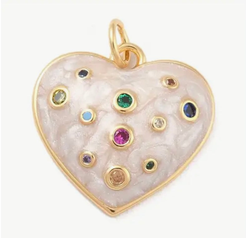 White Enamel Gemstone Puff Heart