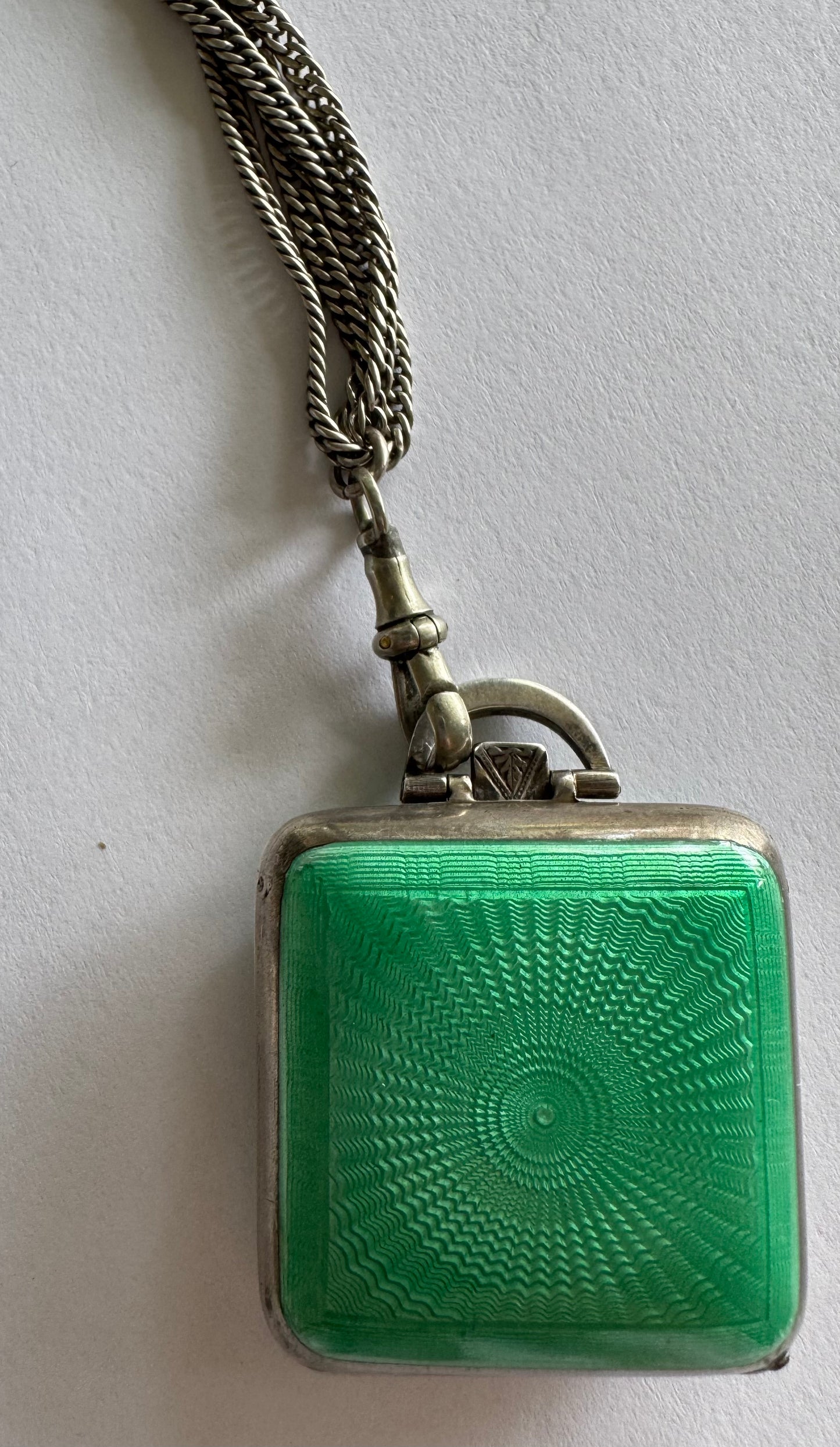 Vintage Green French Guilloche Travel Clock Pendant
