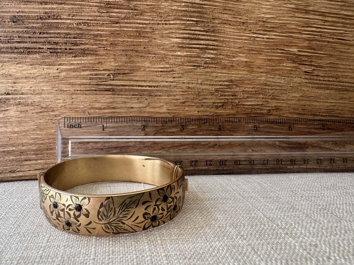 Vintage 1950’s Rolled Gold Bangle Bracelet with Garnett Flowers
