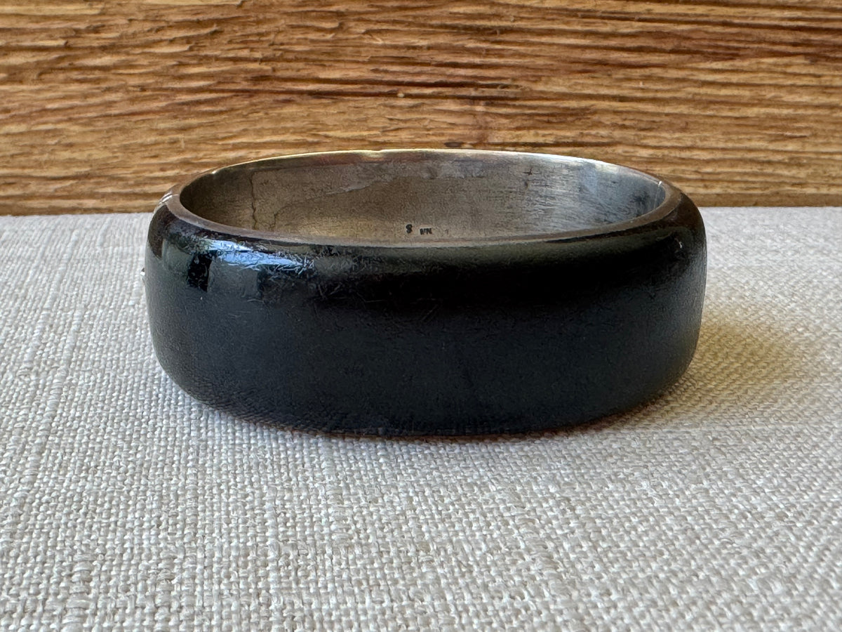 Edwardian Black Enamel and Sterling Mourning Thick Bangle Bracelet