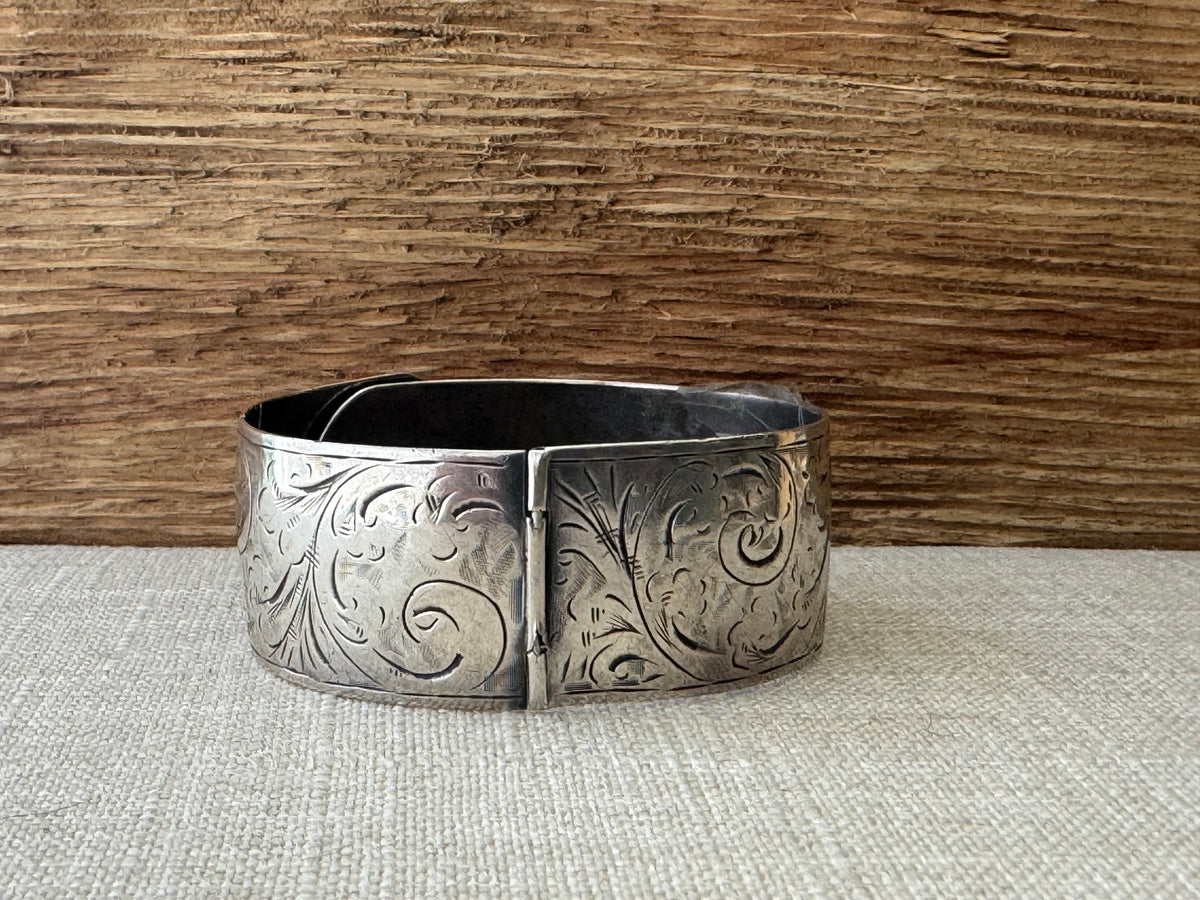 1936 Etched Sterling Silver Bangle Bracelet with Crossover Closure