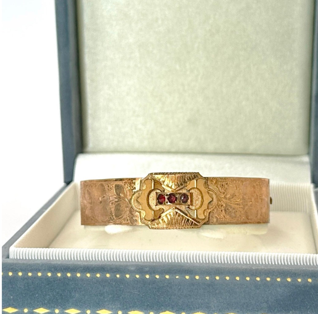 Vintage Edwardian Rose Gold and Garnett Buckle Bangle