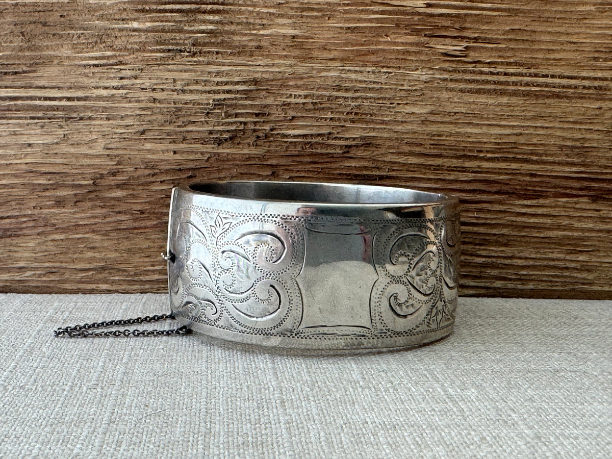 Thick Etched Sterling Silver Bangle Bracelet