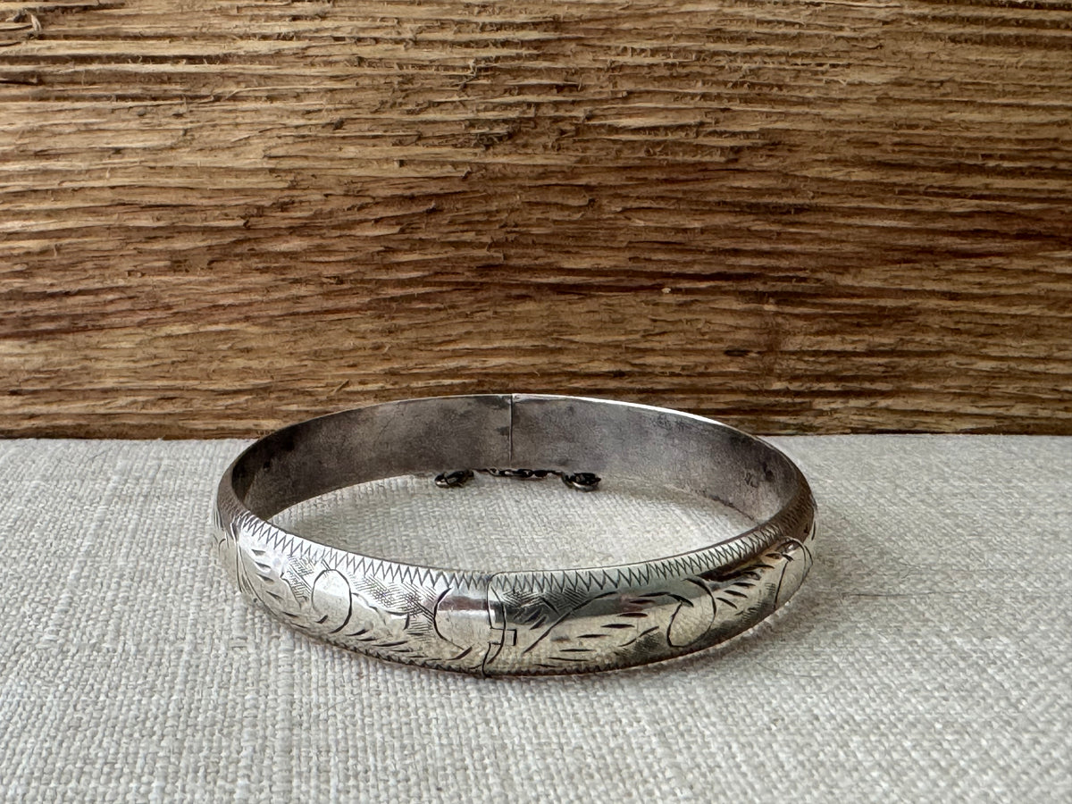 Vintage Sterling Silver Etched Narrow Bangle Bracelet