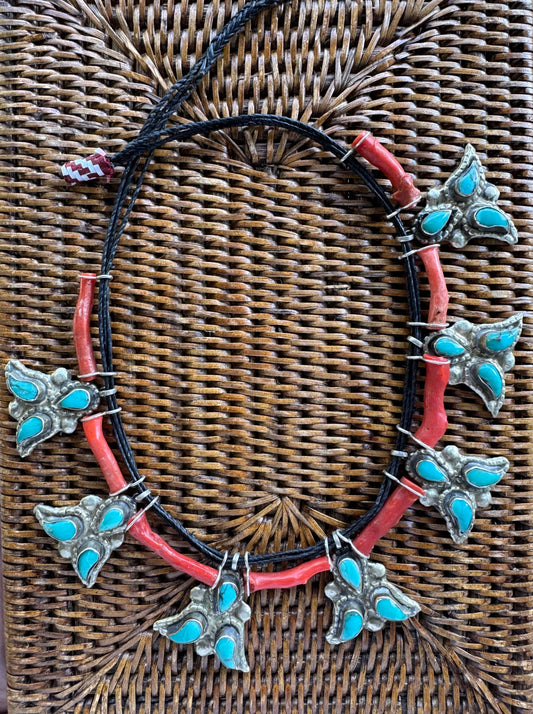 Vintage Moroccan Coral Necklace with Sterling Silver and Turquoise Pendants