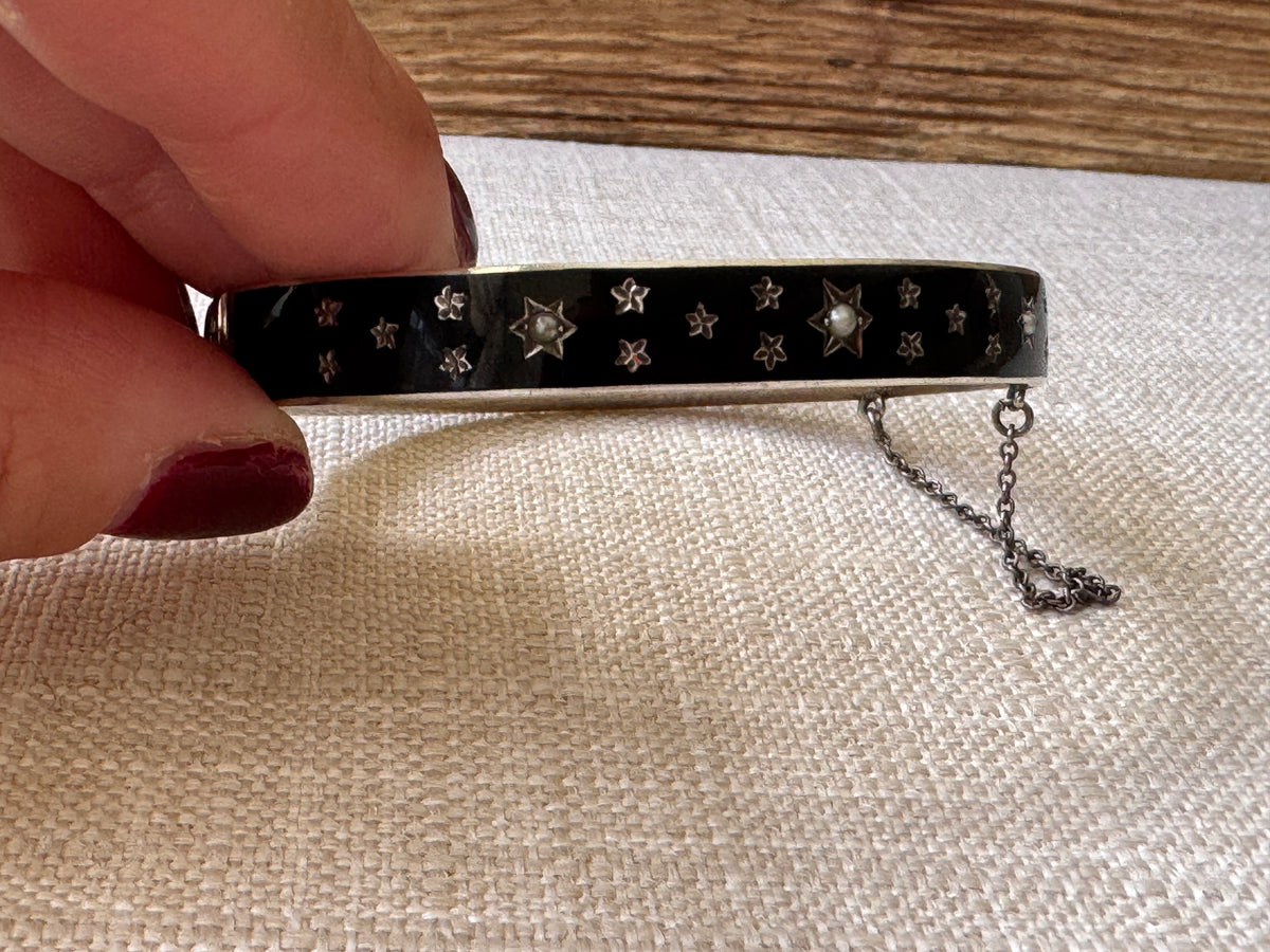 Petite Black Enamel and Sterling Silver Mourning Bangle Bracelet