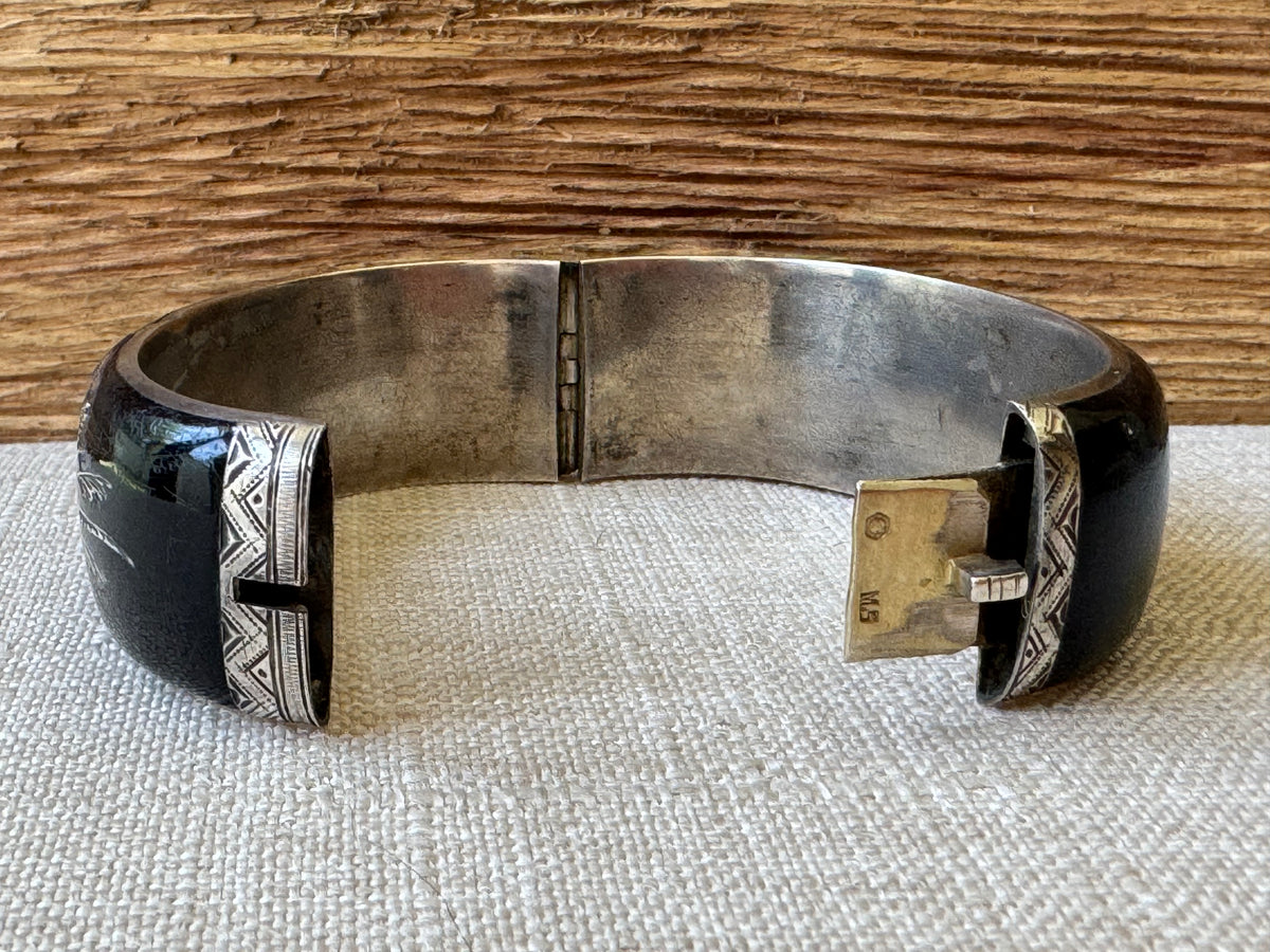 Edwardian Black Enamel and Sterling Mourning Thick Bangle Bracelet