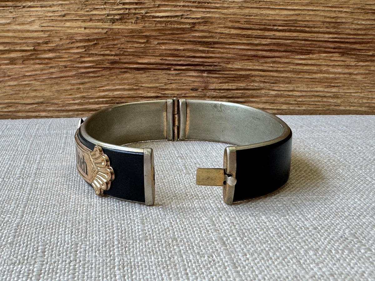 Edwardian Black Enamel and Gold “GOTT SCHUTZE DICH” Mourning Bangle Bracelet