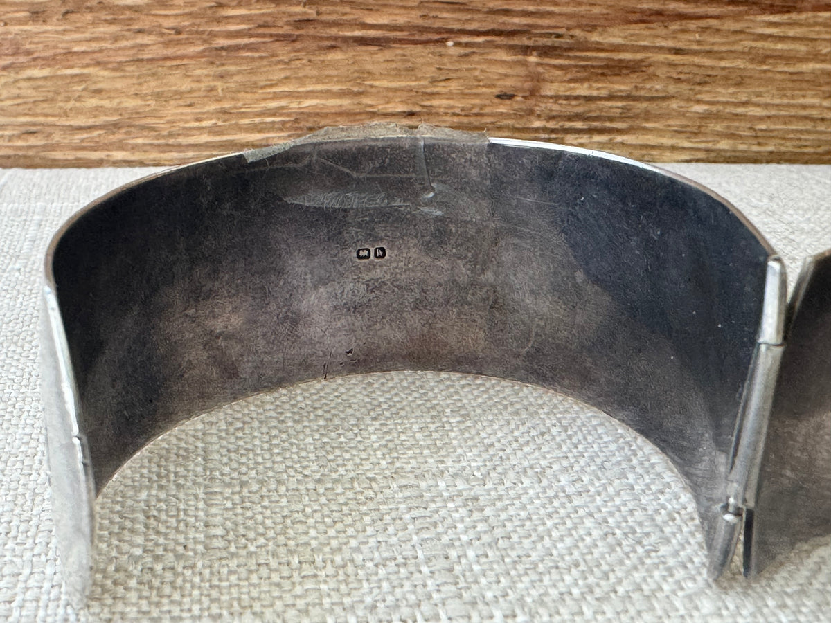 1936 Etched Sterling Silver Bangle Bracelet with Crossover Closure