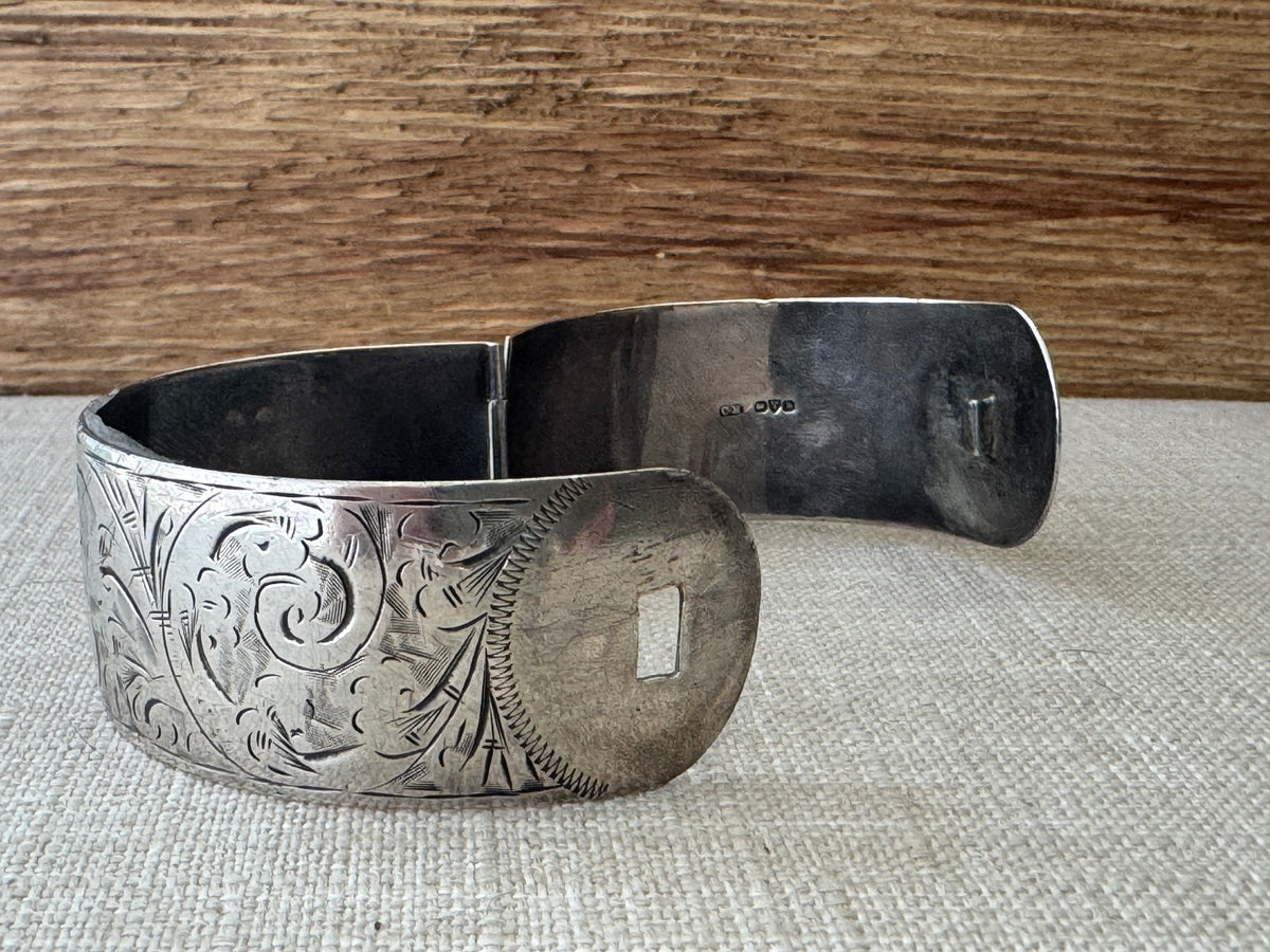 1936 Etched Sterling Silver Bangle Bracelet with Crossover Closure