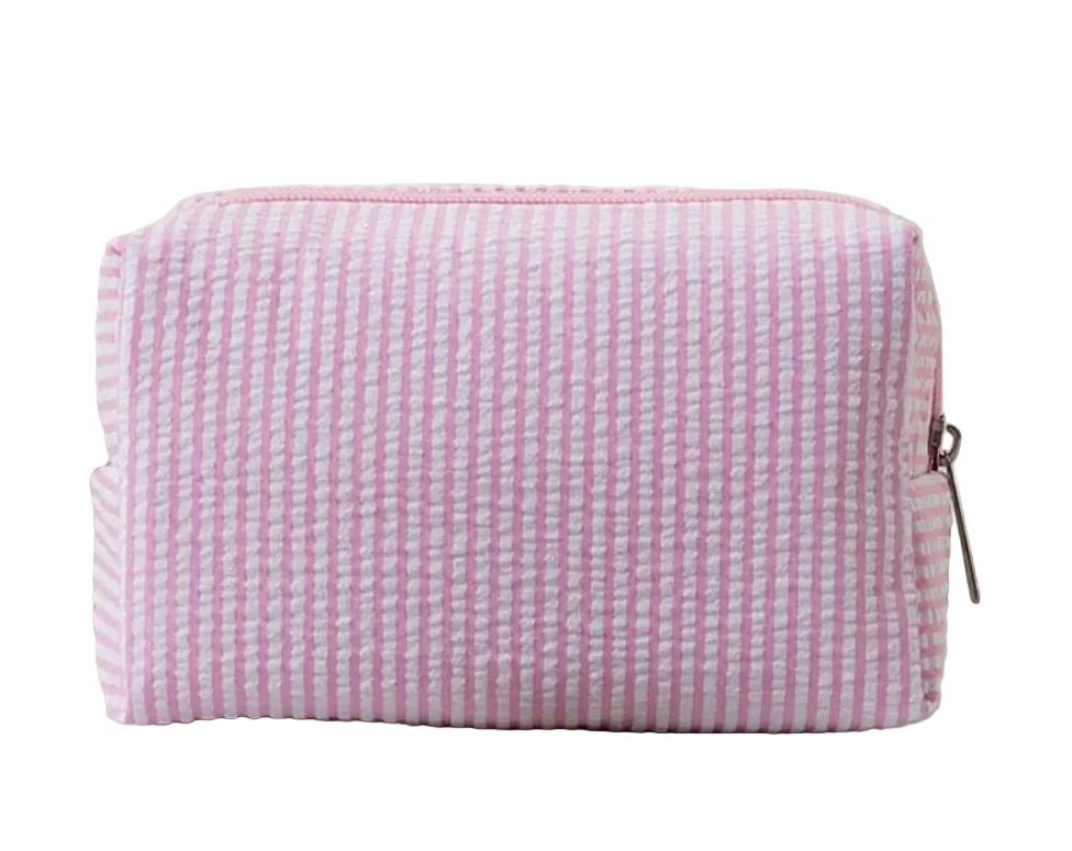 Small Seersucker Bag with Leather Bow Zipper Pull