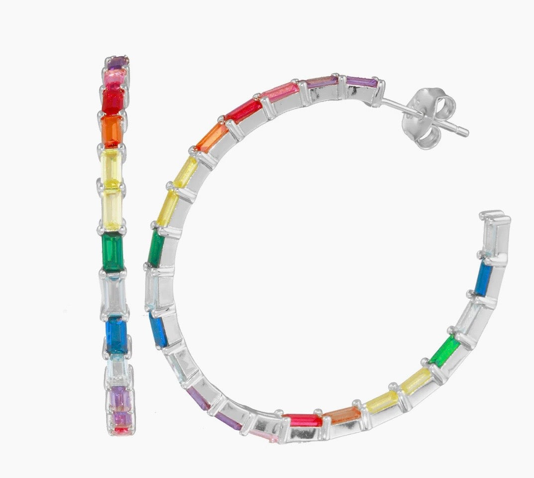 Silver Rainbow Baguette Hoops