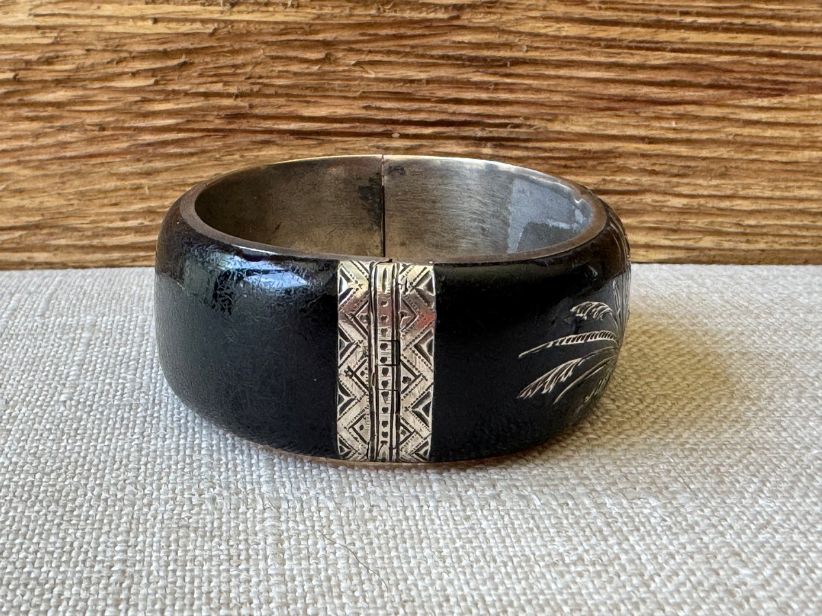 Edwardian Black Enamel and Sterling Mourning Thick Bangle Bracelet