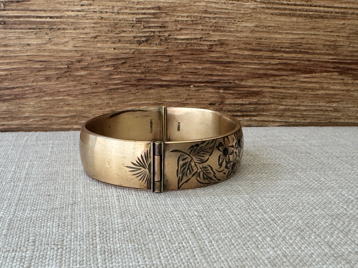 Vintage 1950’s Rolled Gold Bangle Bracelet with Garnett Flowers