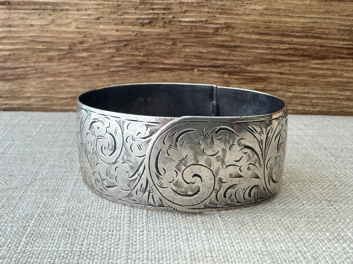 1936 Etched Sterling Silver Bangle Bracelet with Crossover Closure