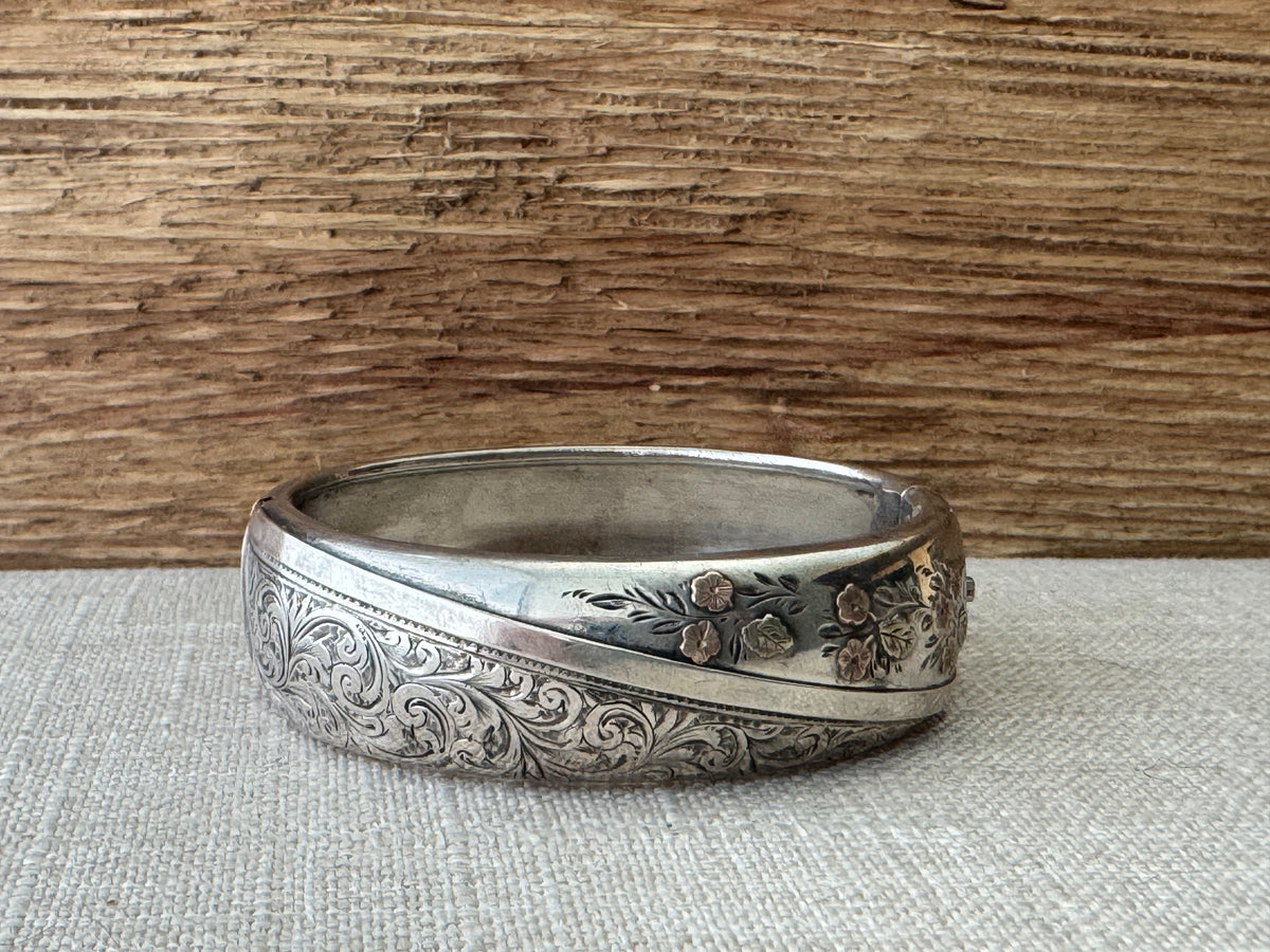 Vintage Sterling Silver Bangle with Flower Detail
