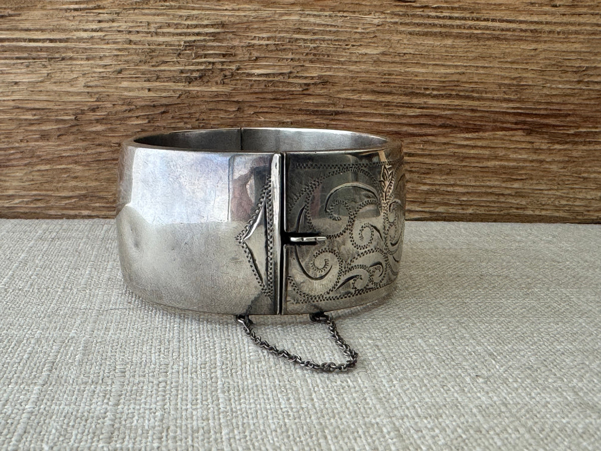 Thick Etched Sterling Silver Bangle Bracelet