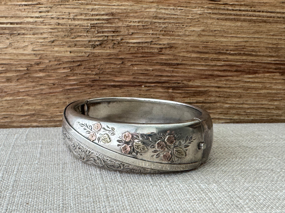 Vintage Sterling Silver Bangle with Flower Detail