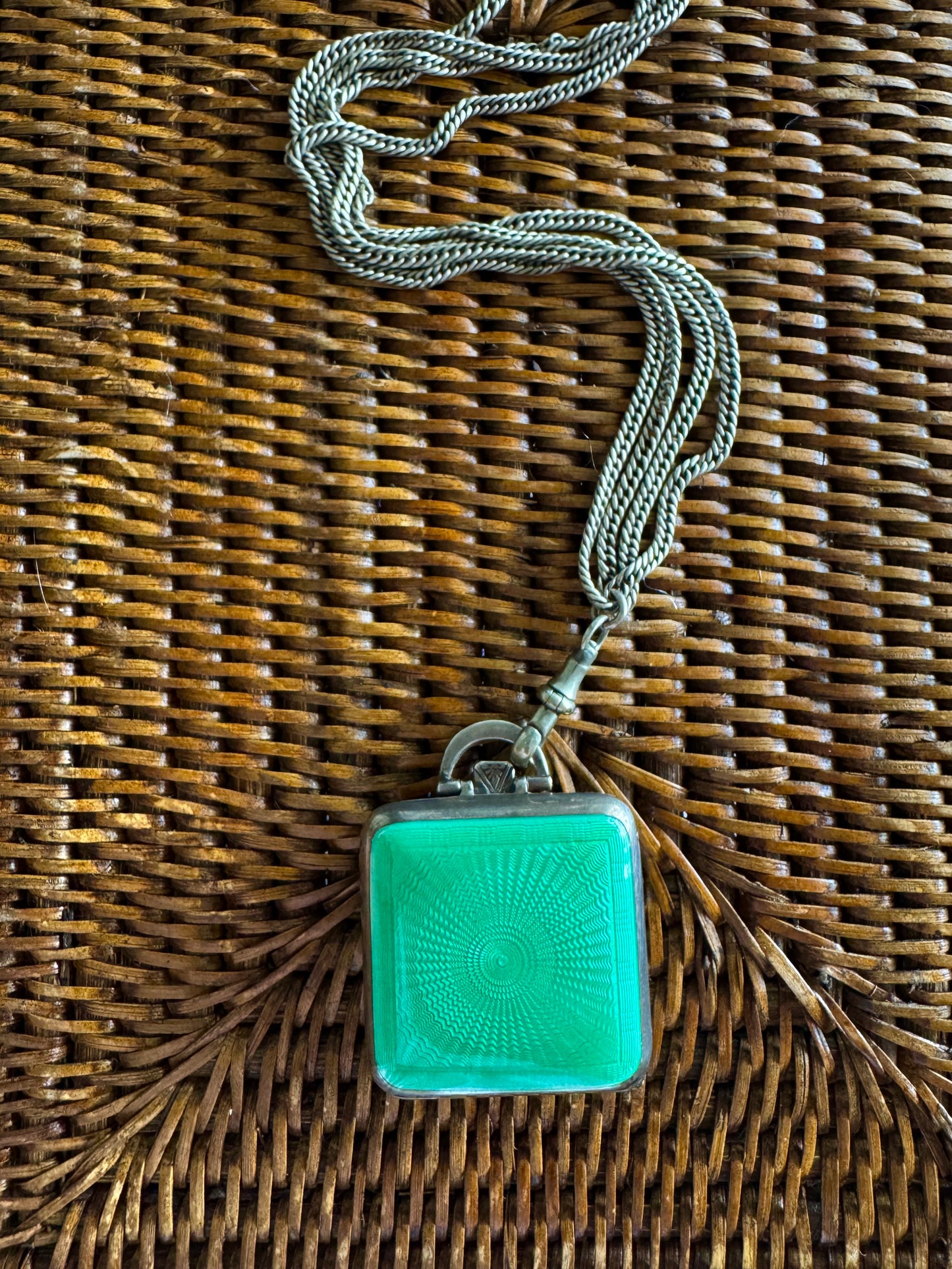 Vintage Green French Guilloche Travel Clock Pendant
