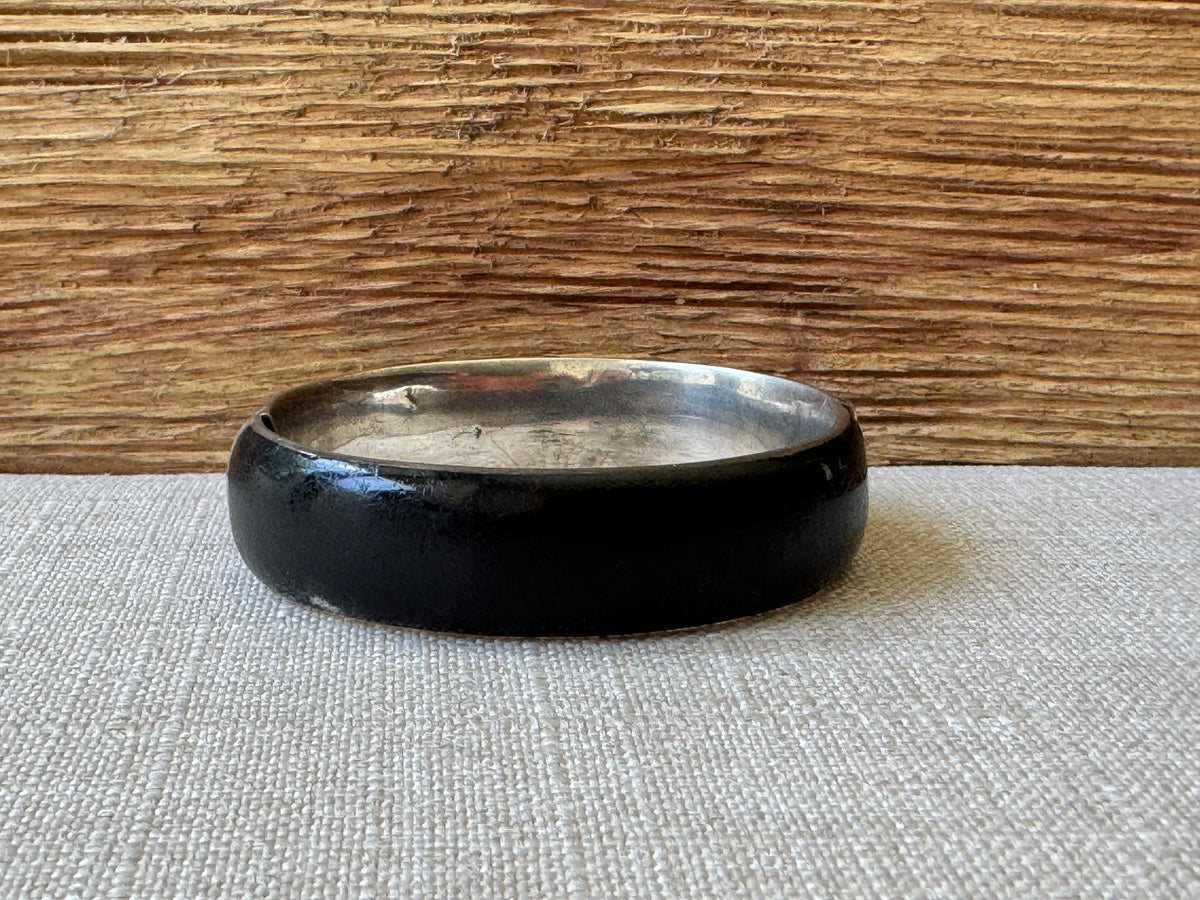 Edwardian Black Enamel and Sterling Mourning Bangle Bracelet