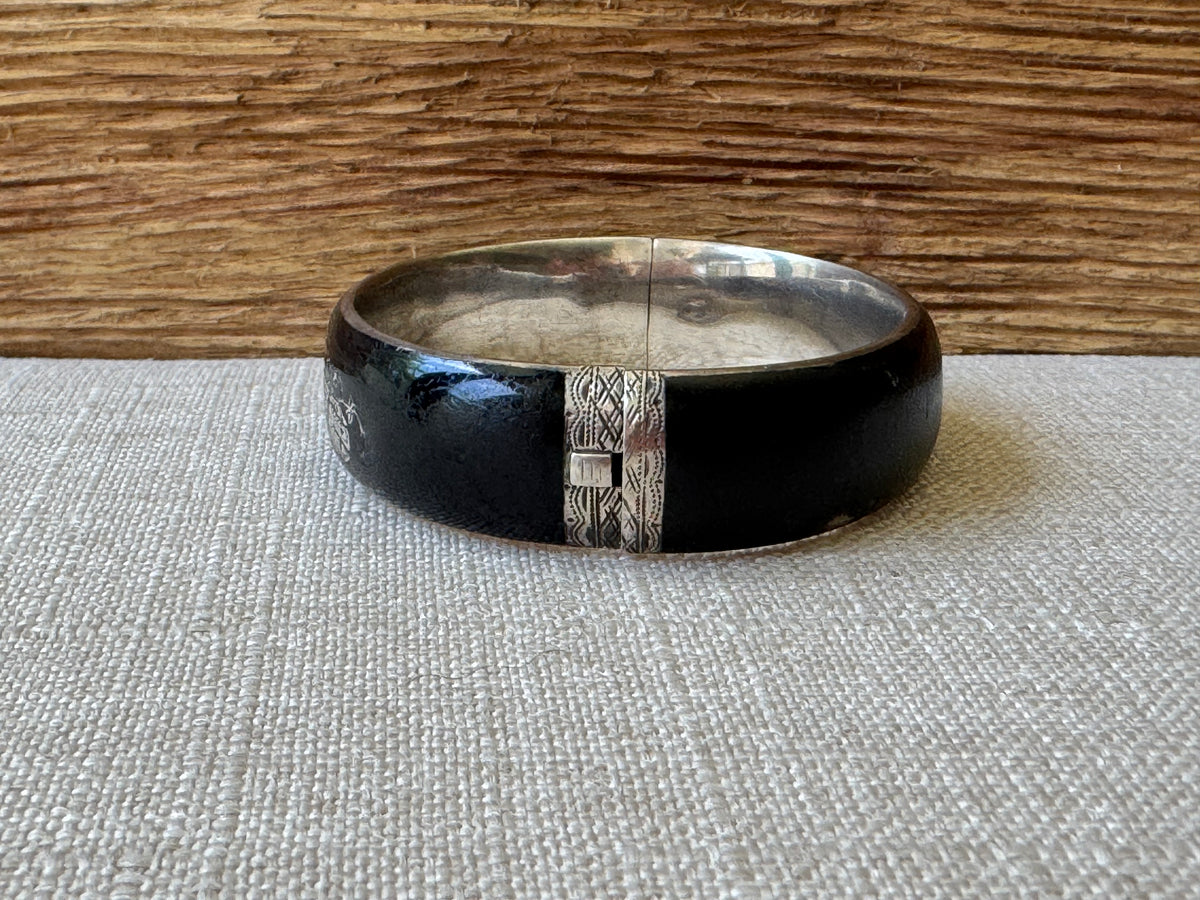 Edwardian Black Enamel and Sterling Mourning Bangle Bracelet