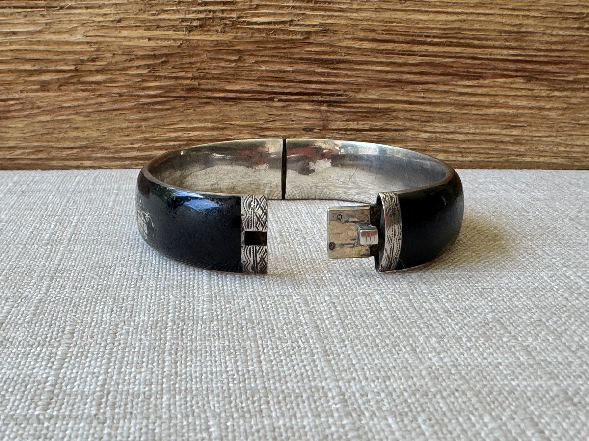 Edwardian Black Enamel and Sterling Mourning Bangle Bracelet