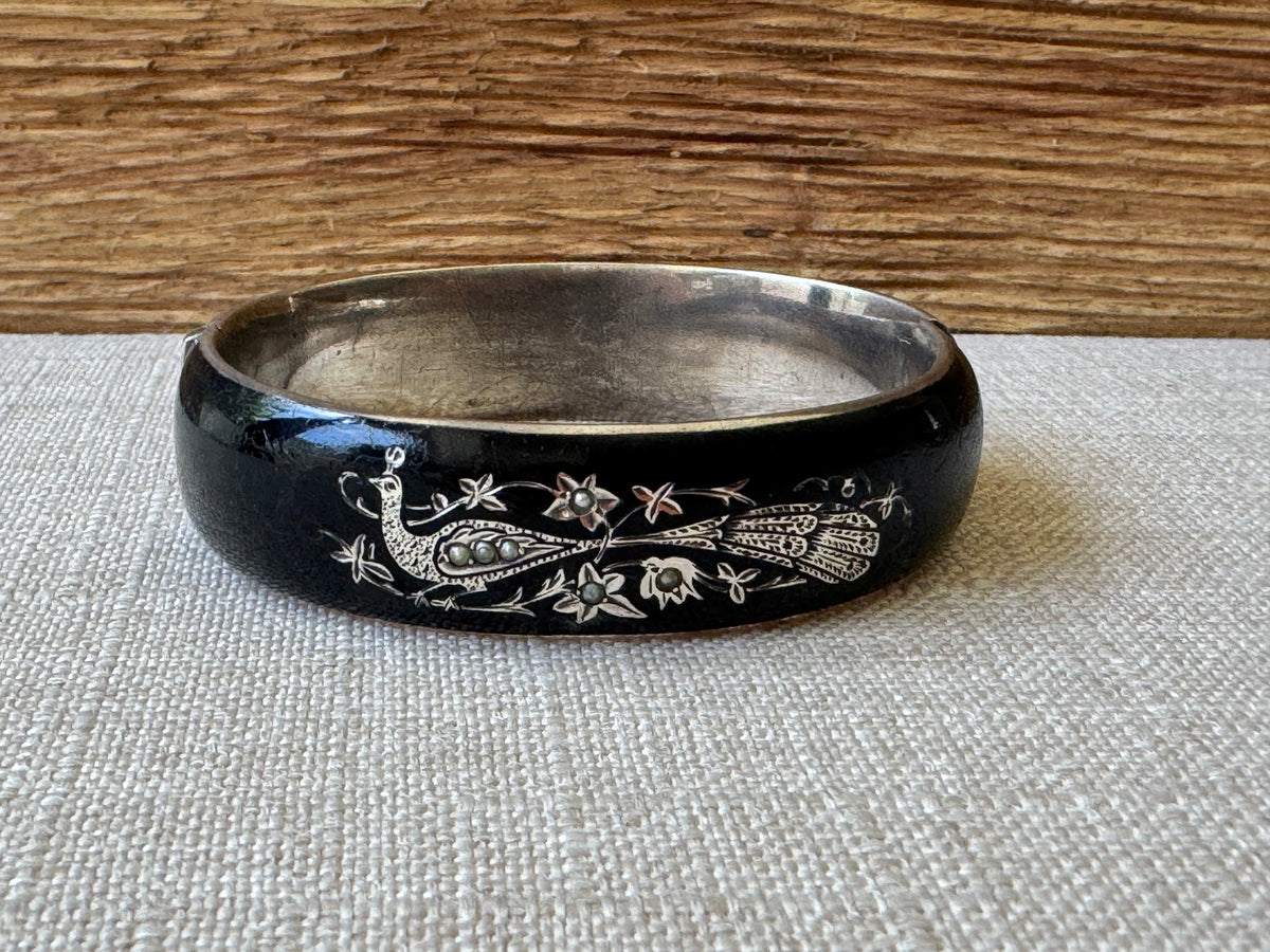 Edwardian Black Enamel and Sterling Mourning Bangle Bracelet