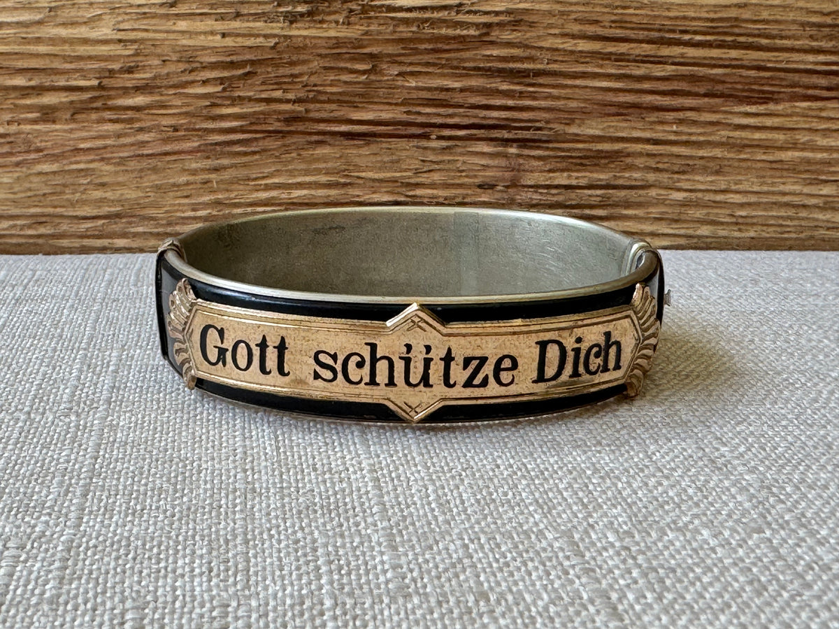 Edwardian Black Enamel and Gold “GOTT SCHUTZE DICH” Mourning Bangle Bracelet