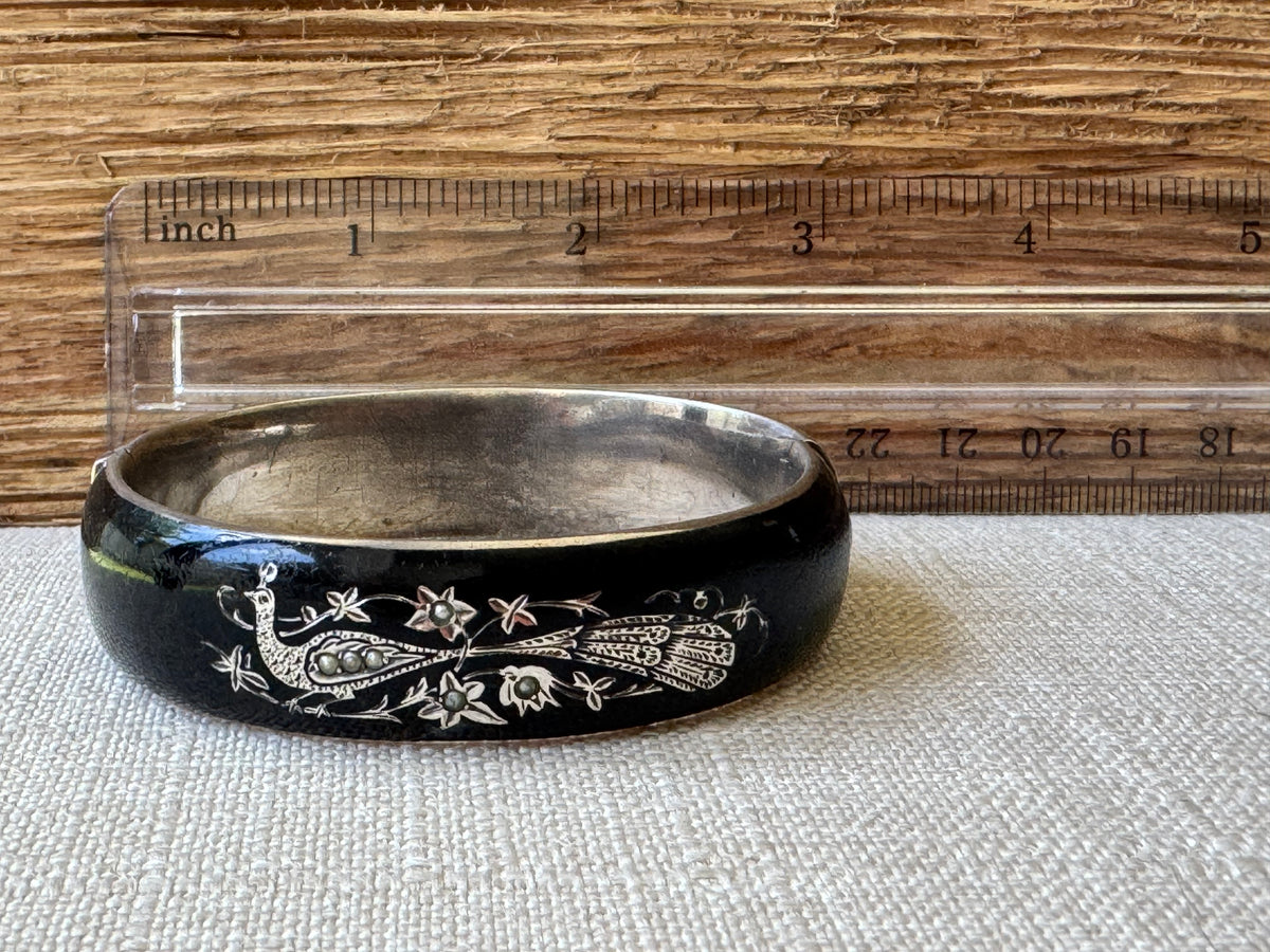 Edwardian Black Enamel and Sterling Mourning Bangle Bracelet