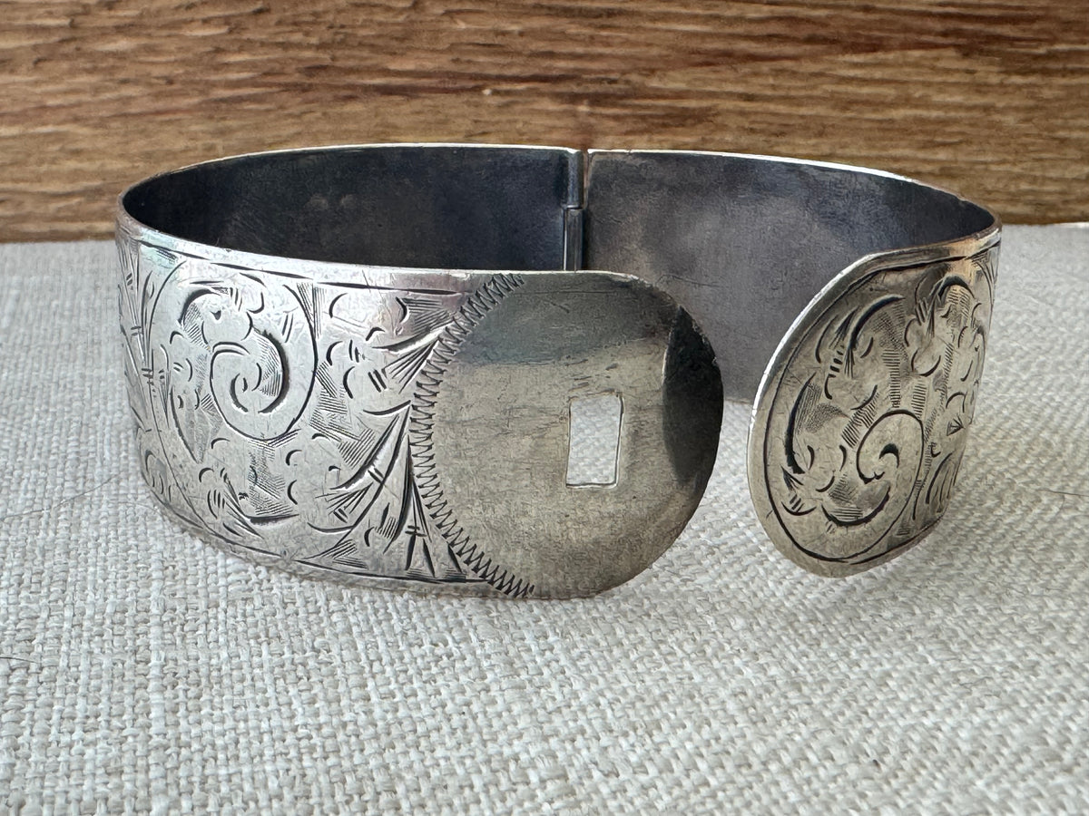 1936 Etched Sterling Silver Bangle Bracelet with Crossover Closure