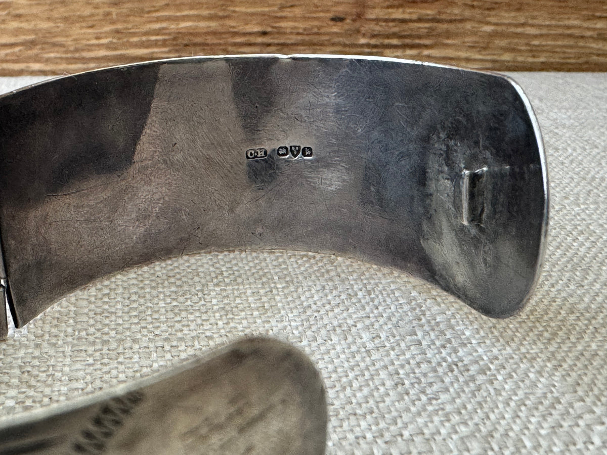 1936 Etched Sterling Silver Bangle Bracelet with Crossover Closure