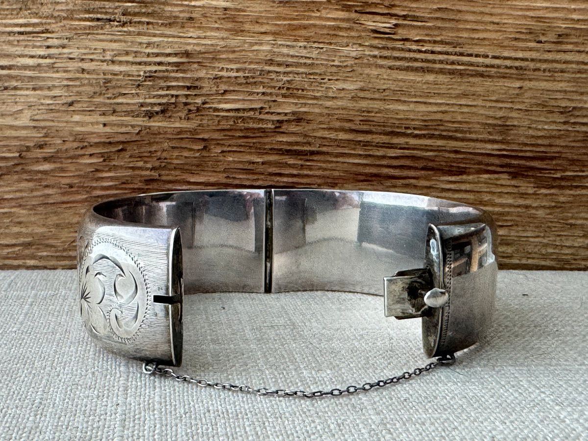 Vintage Sterling Silver Etched Wide Bangle Bracelet