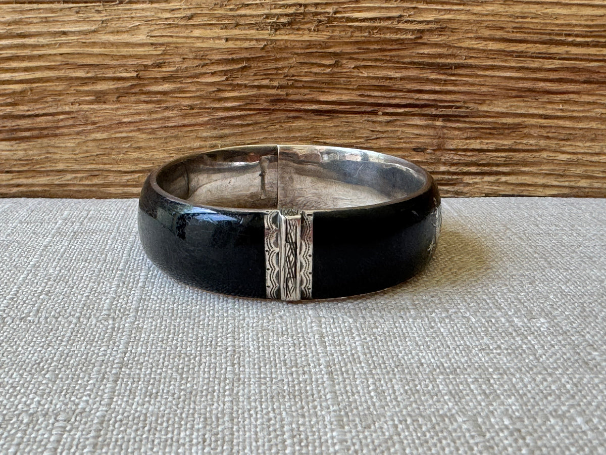 Edwardian Black Enamel and Sterling Mourning Bangle Bracelet