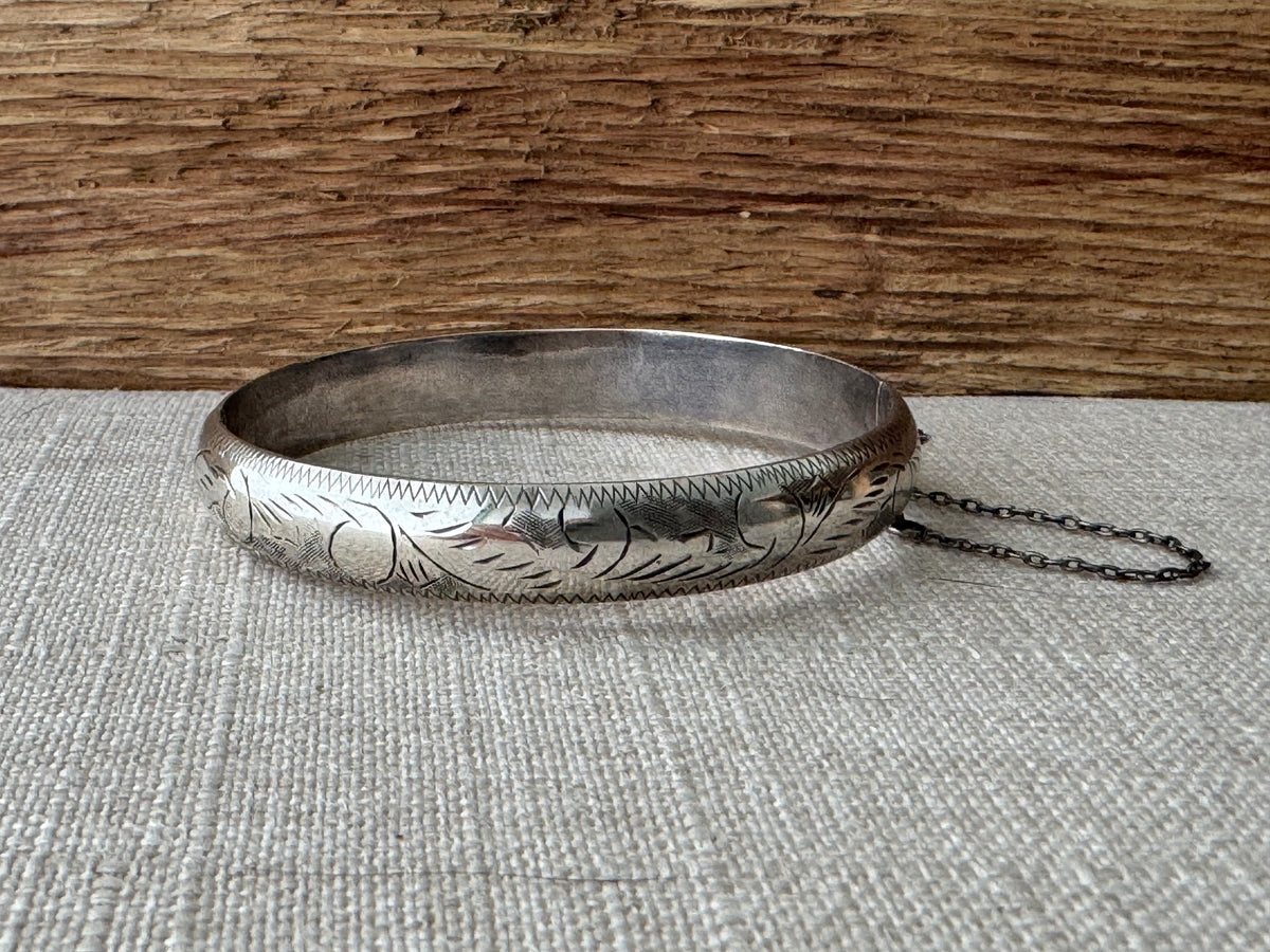 Vintage Sterling Silver Etched Narrow Bangle Bracelet