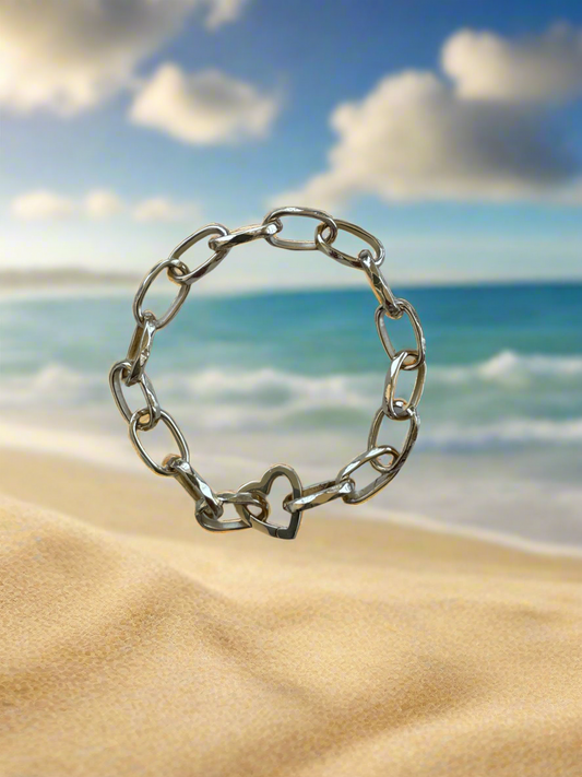 Thick Hammered Link Bracelet with Heart Clasp