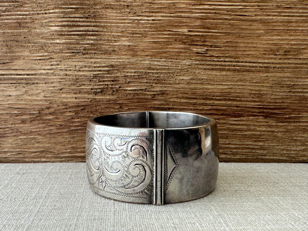 Thick Etched Sterling Silver Bangle Bracelet