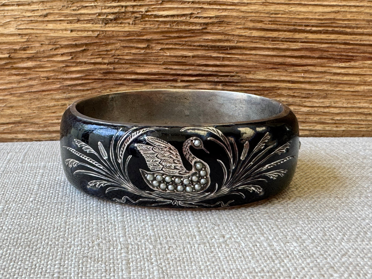 Edwardian Black Enamel and Sterling Mourning Thick Bangle Bracelet