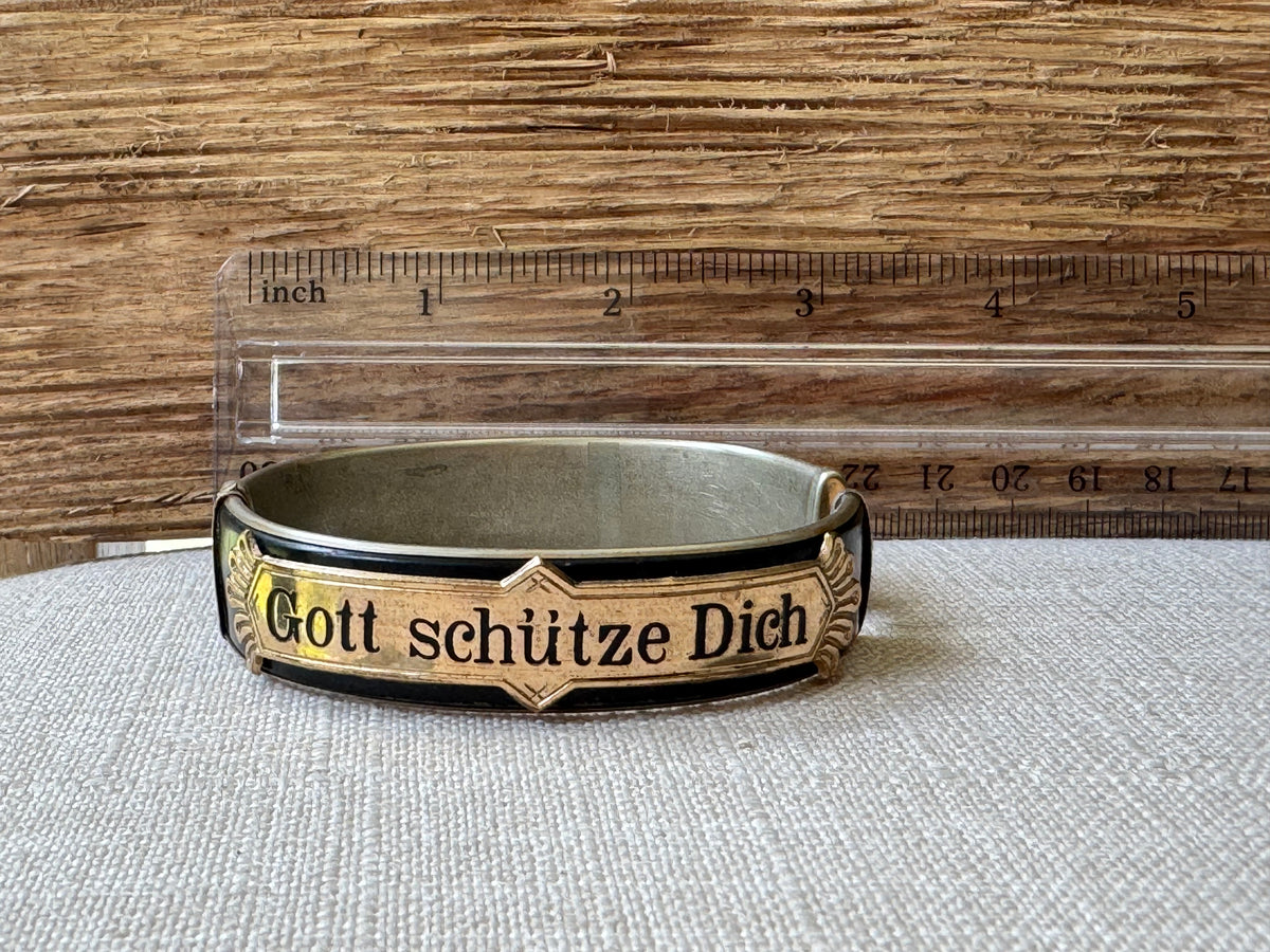 Edwardian Black Enamel and Gold “GOTT SCHUTZE DICH” Mourning Bangle Bracelet