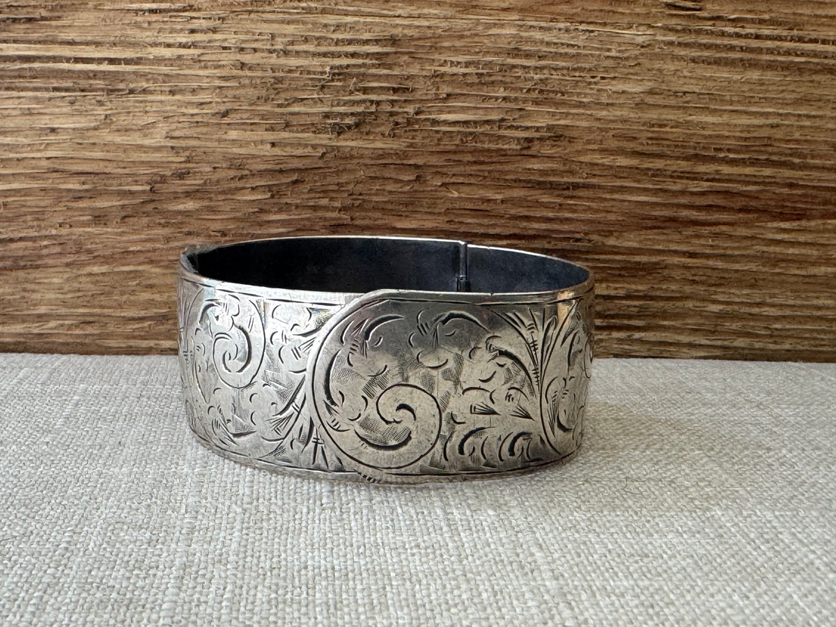 1936 Etched Sterling Silver Bangle Bracelet with Crossover Closure