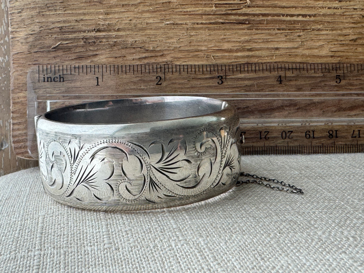 Vintage Sterling Silver Etched Wide Bangle Bracelet