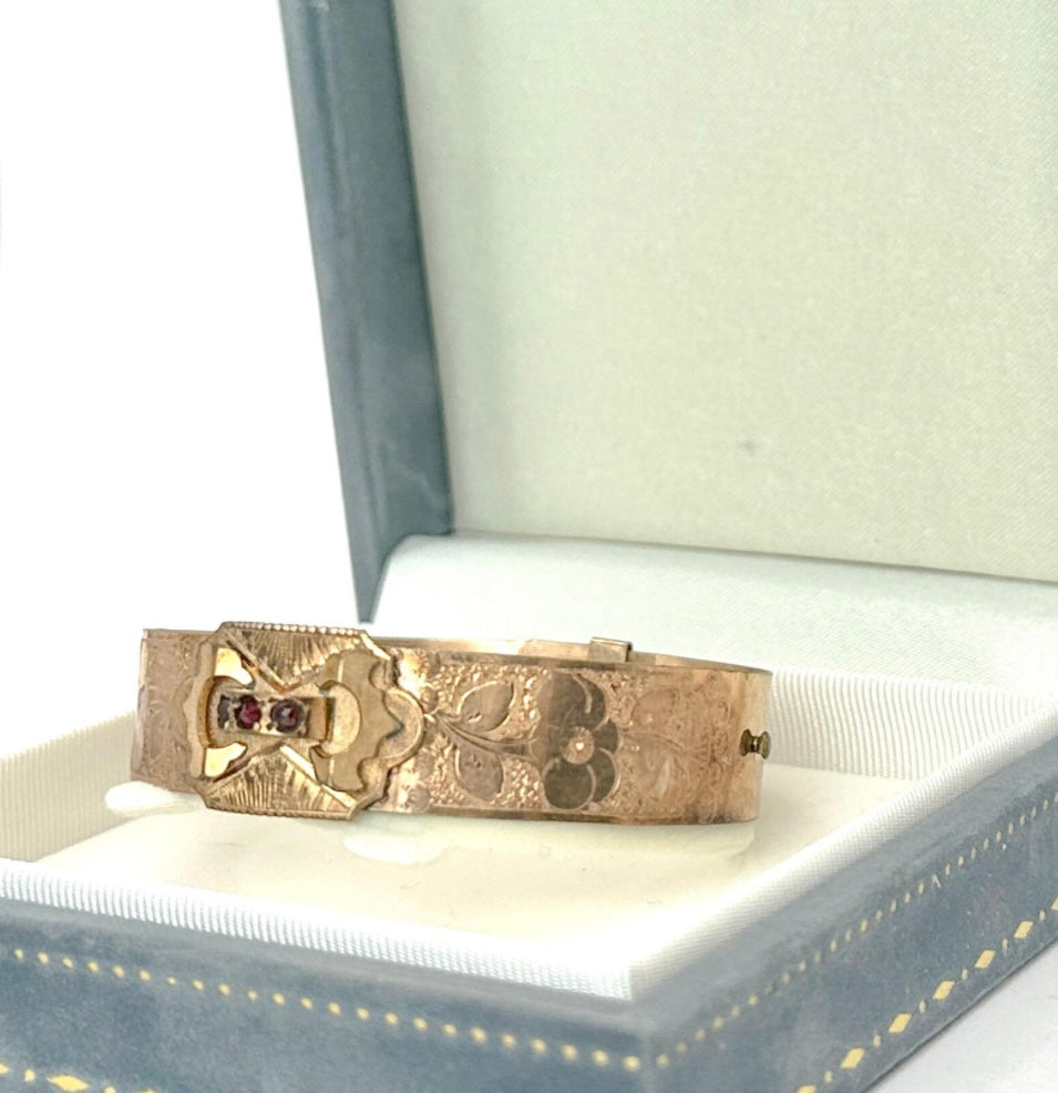Vintage Edwardian Rose Gold and Garnett Buckle Bangle