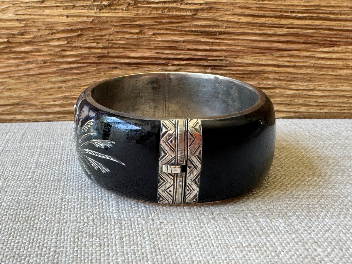 Edwardian Black Enamel and Sterling Mourning Thick Bangle Bracelet