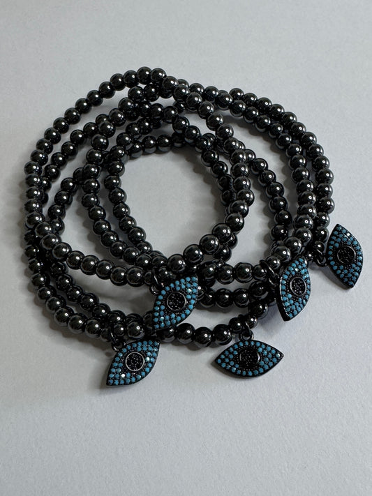 Gun Metal Beaded Evil Eye Bracelet