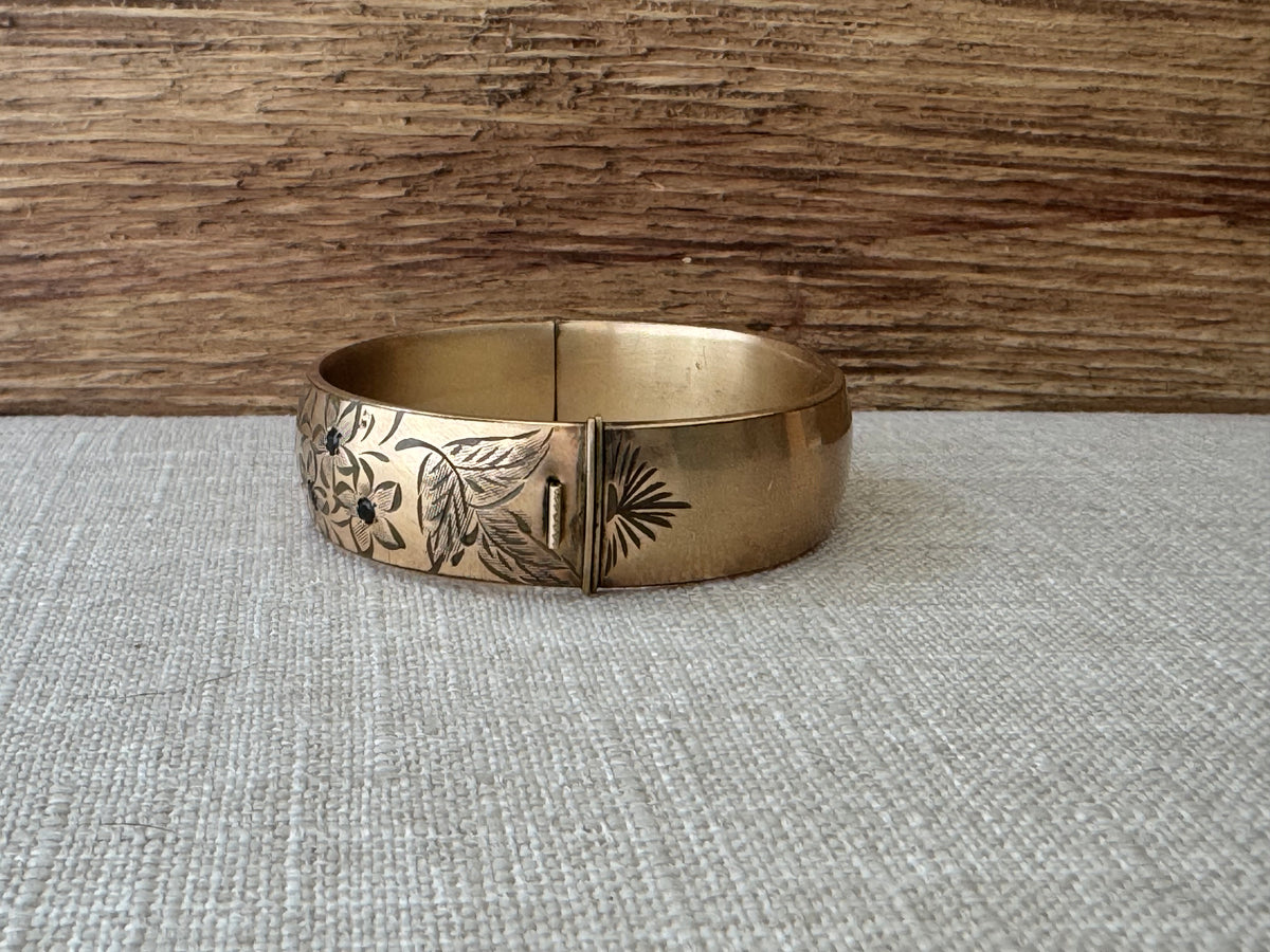 Vintage 1950’s Rolled Gold Bangle Bracelet with Garnett Flowers
