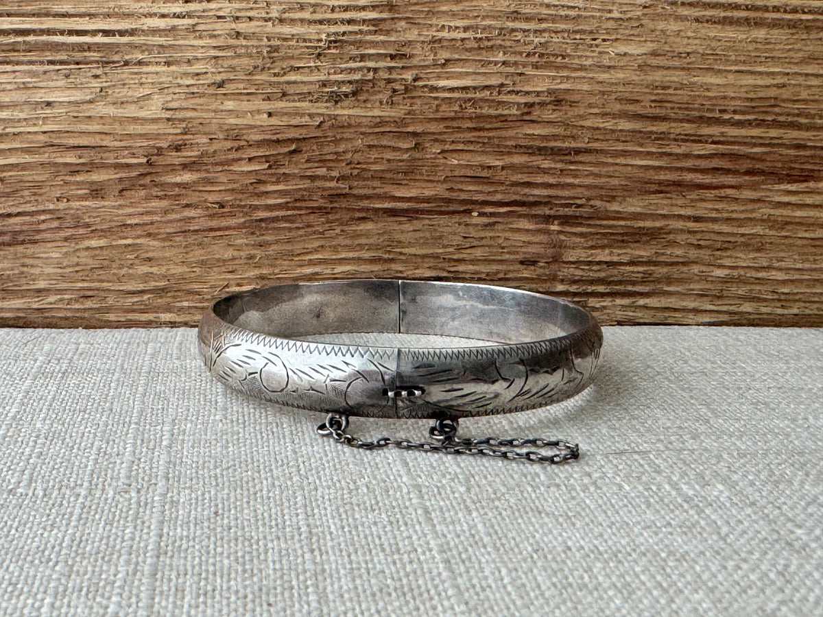 Vintage Sterling Silver Etched Narrow Bangle Bracelet