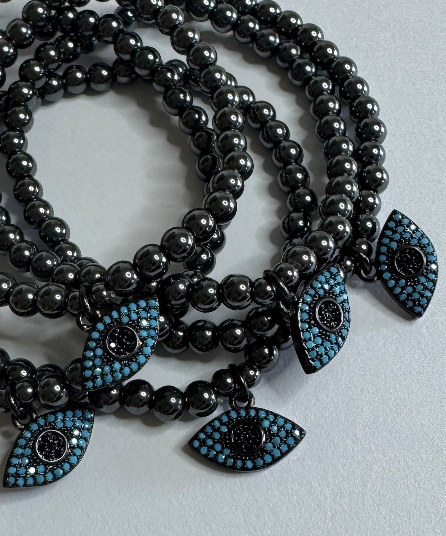 Gun Metal Beaded Evil Eye Bracelet